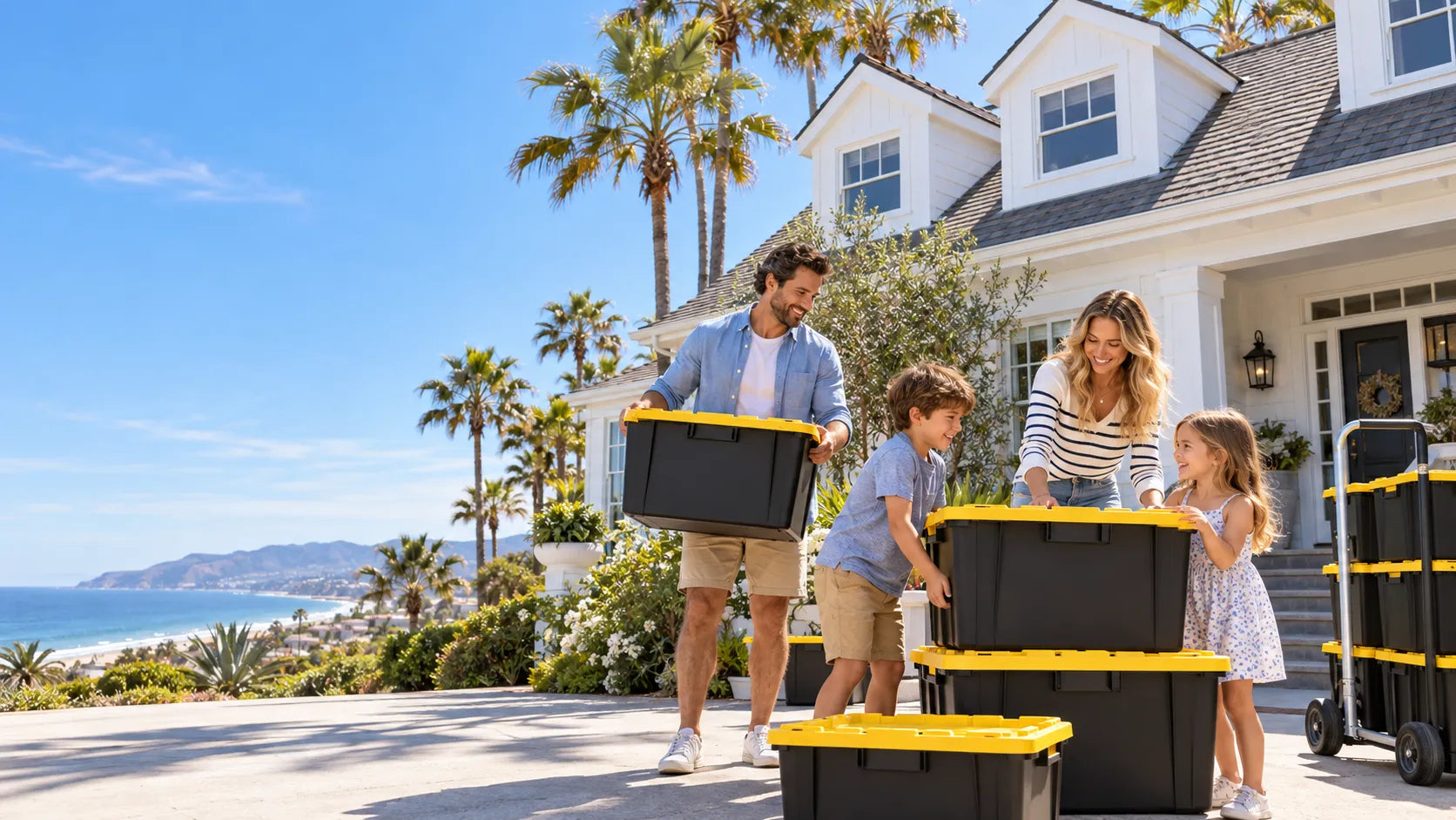 A smiling family stacking black moving totes with yellow lids in front of a white beach house